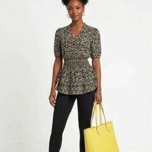 Aqua Black and Cream Floral Smocked Peplum Top